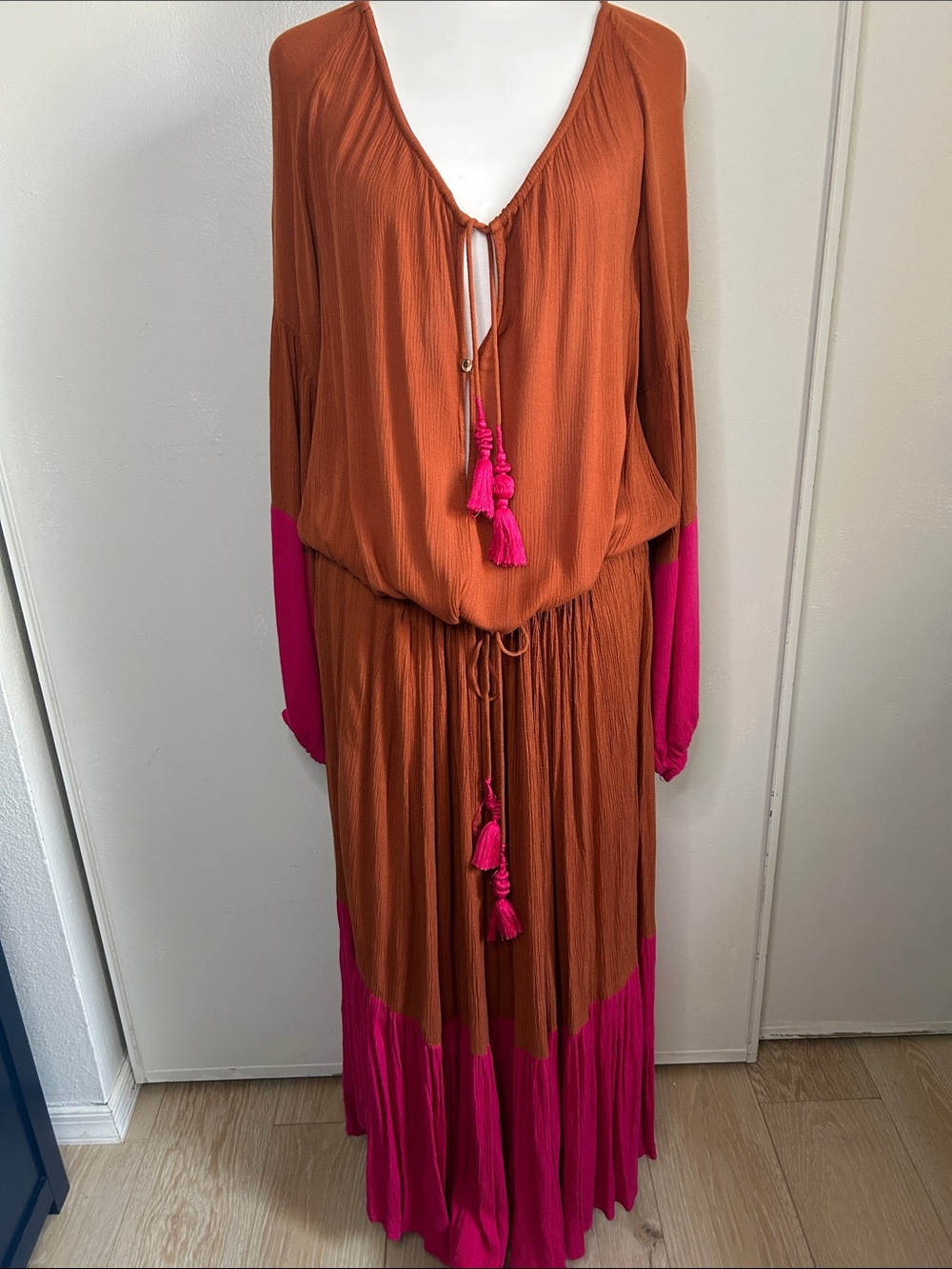 Free People Never Forget Maxi Dress Copper Hot Pink Color-Block Tassel Ties